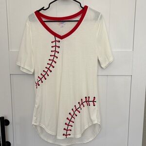 LuLaRoe White and Red Baseball Stitch Tee